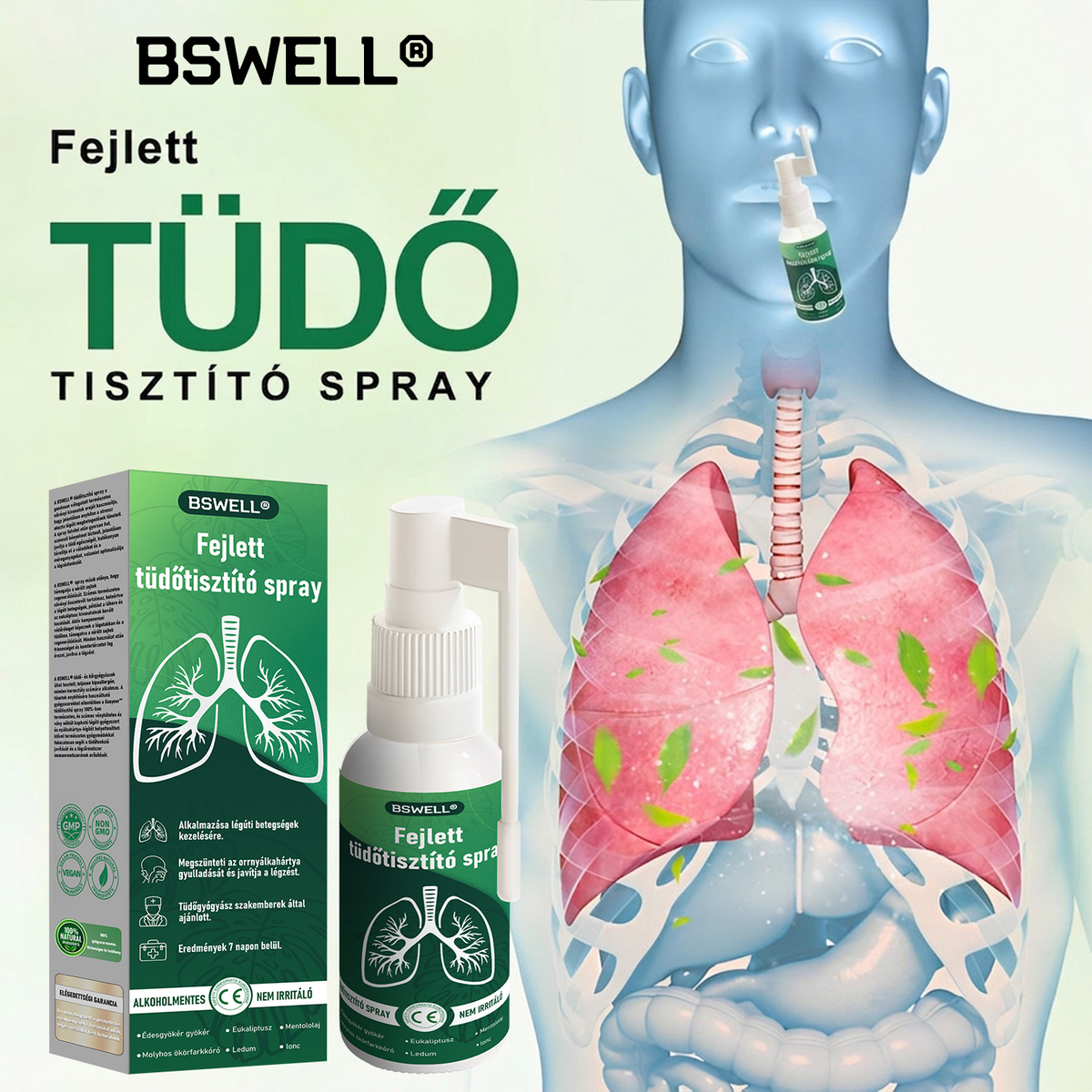 🌱BSWELL®  Fejlett Tüdőtisztító Spray -Támogatja a tüdő, a hörgők és az orrmelléküregek egészségét, elősegíti a légzőrendszer egészségét és a könnyebb légzést