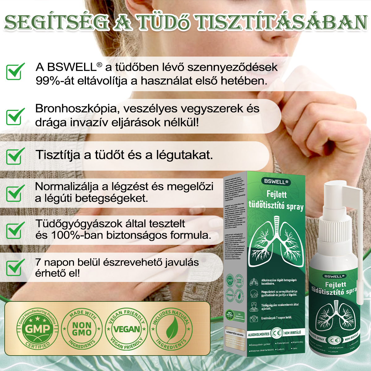 🌱BSWELL®  Fejlett Tüdőtisztító Spray -Támogatja a tüdő, a hörgők és az orrmelléküregek egészségét, elősegíti a légzőrendszer egészségét és a könnyebb légzést